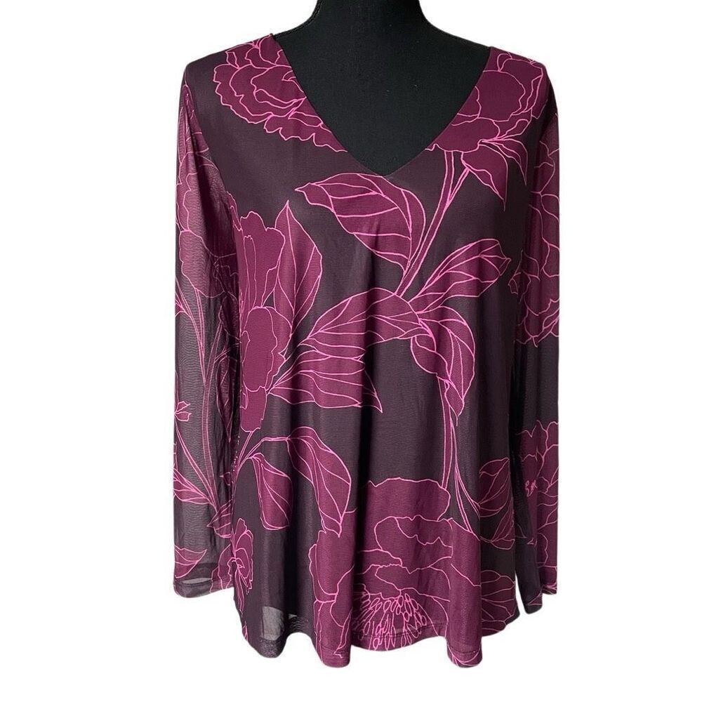 Les Serein Burgundy and Magenta Floral Sheer Lined Top - 1X